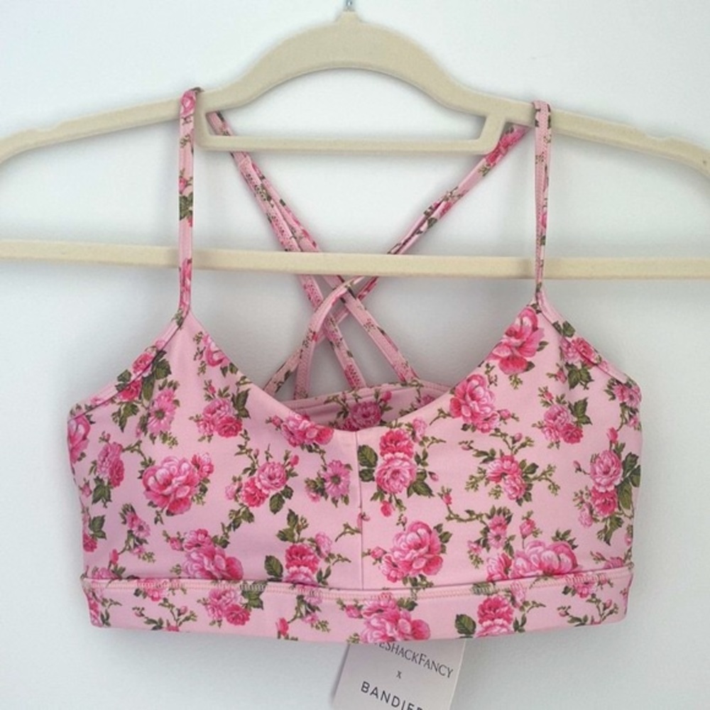 NWT Bandier x LoveShackFancy Pink Floral Strappy Sports Bra in Peony size XS